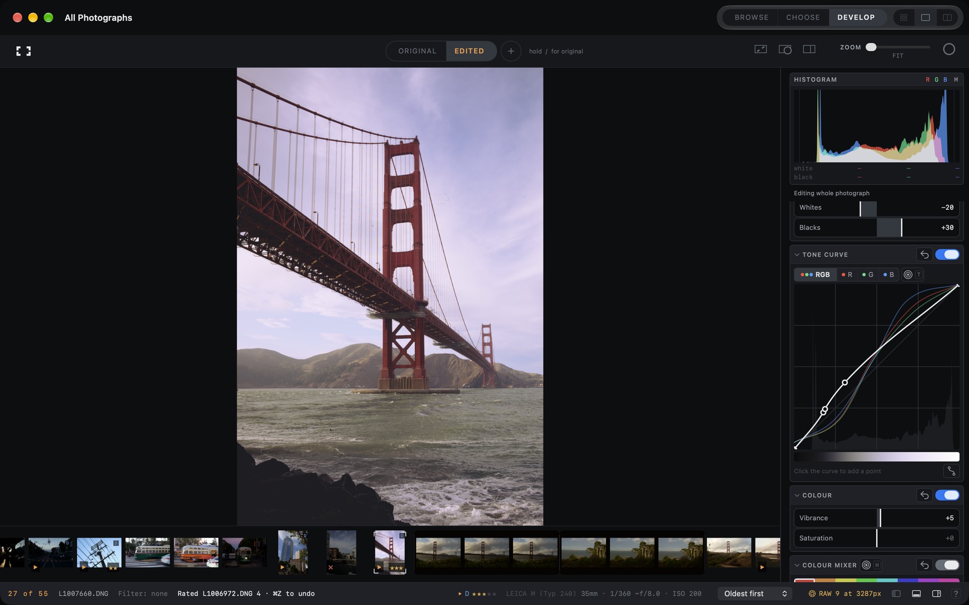 Frames Develop view with an edited photograph and adjustment controls